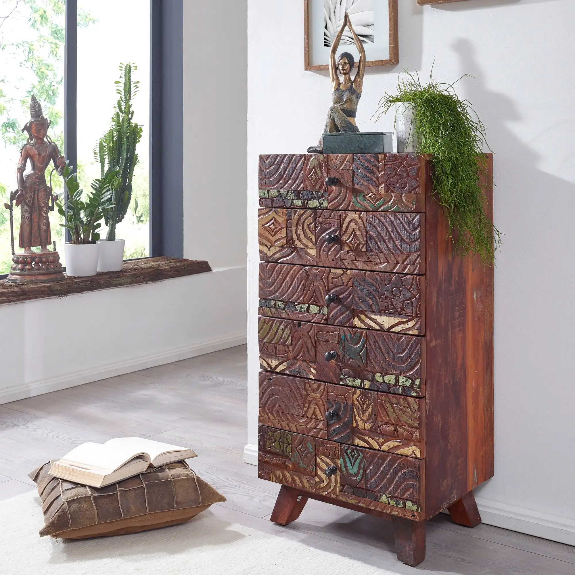 Reclaimed Wood Carved Blocks Drawer Chest with 6 Drawers
(Knock Down) - popular handicrafts